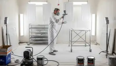 Professional cabinet painting process in Chico, CA showing spray finish for smooth, durable kitchen surfaces