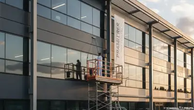 Professional commercial painters working on office exterior in Chico, CA