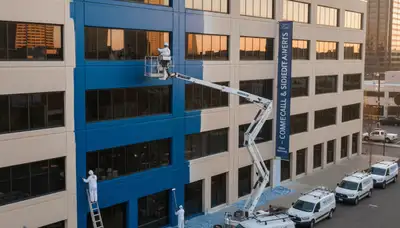 Professional commercial painters working on Chico, CA office exterior with durable weatherproof finish