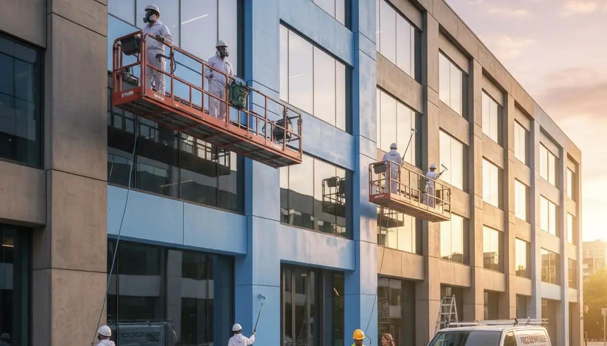 Professional commercial painters working on office exterior in Chico, CA