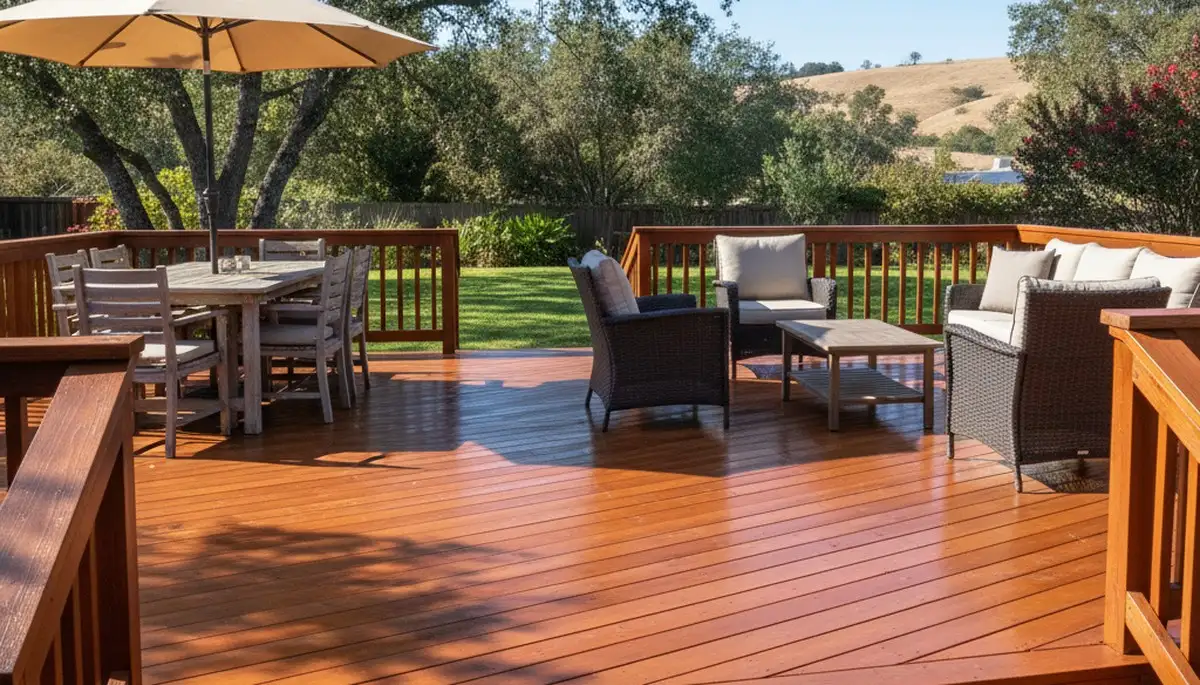 Professional deck staining and restoration in Chico, CA showcasing rich wood finish and lasting protection