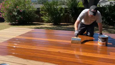 Professional deck staining in Chico, CA applying protective wood finish for lasting color and weather resistance