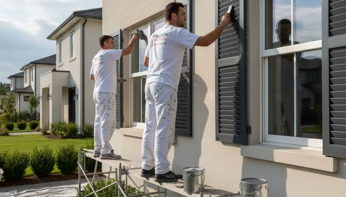Professional painters refinishing exterior window shutters in Chico, CA for lasting curb appeal